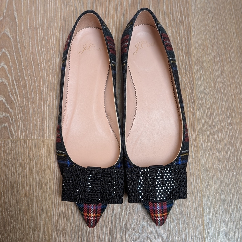 J. Crew Black Tartan Plaid Ballet Flats with Bow